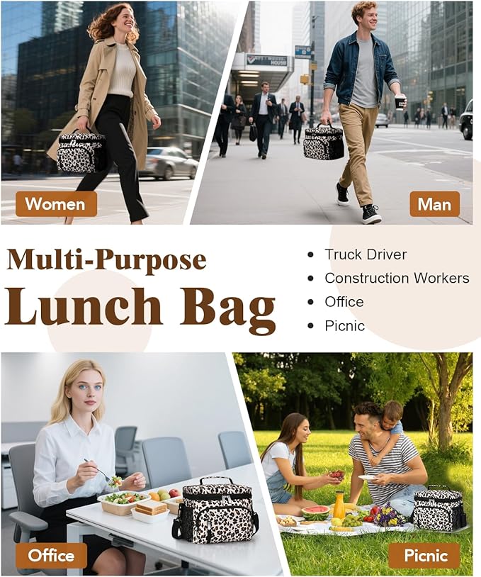 Insulated Lunch Bag for Men & Women, 9L Leakproof Lunch Box Soft Cooler Tote with 5 Pockets, 600D Oxford, EVA Lining, Adjustable Strap for Work, Picnic, Beach&Travel-Leopard Print