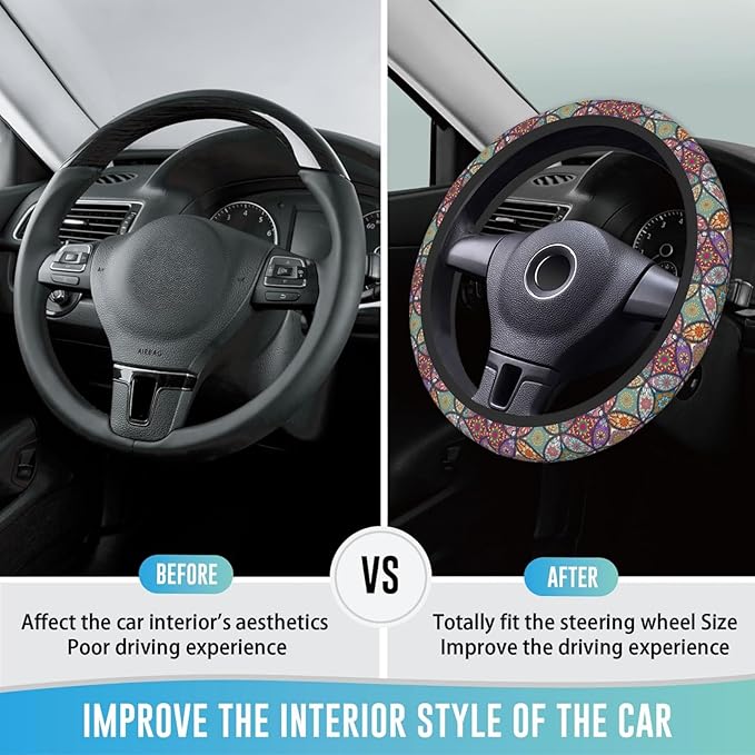 Elastic Steering Wheel Cover Car Accessories Cute Universal 15 Inch Absorbing Sweat Non-Slip Breathable for Woman - Colorful Mandala
