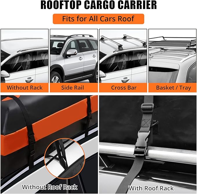 Car Rooftop Cargo Carrier Bag 15 Cubic Feet, Waterproof Roof Rack Cargo Bag for All Cars with/Without Rack, Waterproof Zip, 8 Reinforced Straps, 4 Door Hooks, Luggage Lock, Storage Bag