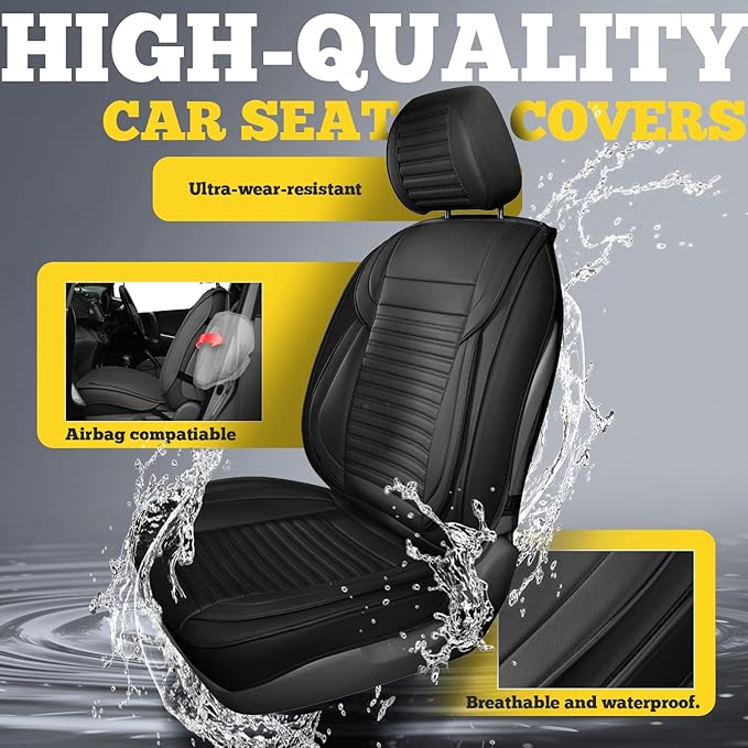 LINGVIDO Front Car Seat Covers, Faux Nappa Leather, Airbag Compatible and Waterproof Protectors for Sedans SUVs, Breathable Anti-Slip Interior for Commuters and Rideshare, Black