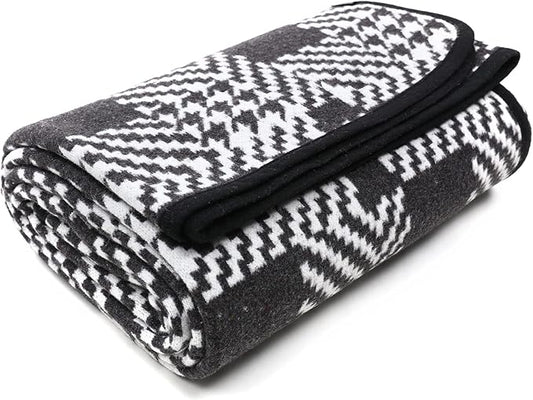 PuTian Merino Wool Blanket - 87" x 63" Thick Warm Soft Large Bed Throw - Great for Camping, Outdoors, Travel, Car, Couch, All Seasons Houndstooth Black
