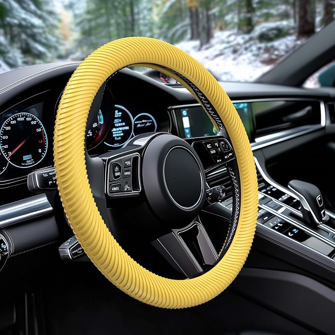 WOCOCN Car Steering Wheel Cover, Thin Anti-Skid Silicone Steering Wheel Cover for Men & Women, Universal Automotive Interior Accessories for Most Cars (Bright Yellow)
