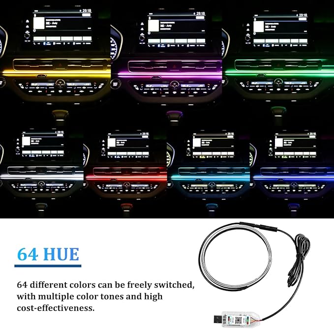 Car LED Strip Lights, 43.3 Inch 64 Colors Music Mode Inside Vehicle Dash Ambient Lighting Kit with Wireless Remote Control, Automotive Interior Dashboard Lamp, Universal Fit