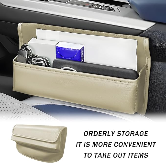 Car Seat Gap Filler Organizer, Leather Vehicle Side Seat Gap Storage Box with Lid for Phone Key Card, L-Capacity Auto Interior Organization, Universal for SUV Sedan Truck (Beige)