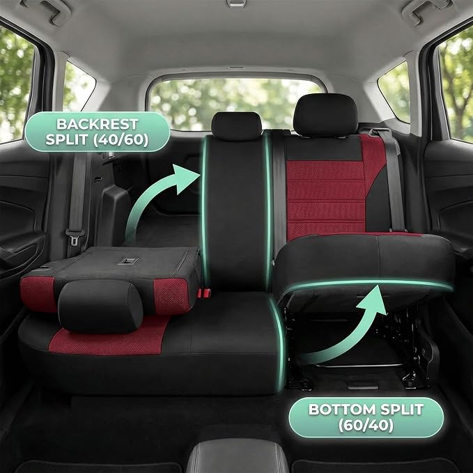 FH Group Automotive Car Seat Covers Full Set Premium 3D Air Mesh Front Seat Covers, Airbag Compatible & Split Bench Cover Universal Fit Interior Accessories for Cars Trucks and SUVs - Burgundy