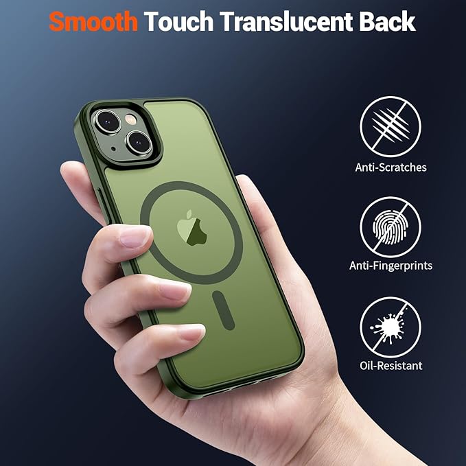 SUPFINE Magnetic for iPhone 14 Case & iPhone 13 Case (Compatible with MagSafe)(Military Grade Drop Protection) Translucent Matte Shockproof Phone Cover,Cangling Green