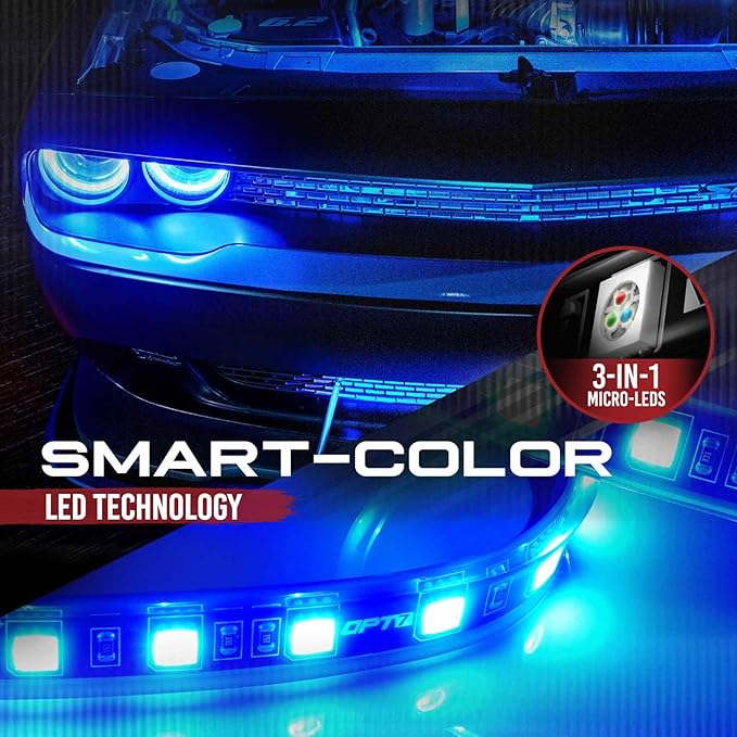 OPT7 Aura Single Row Expansion Pack - 2pc 12” RGB Multicolor LED Strips w/Splitters and Extension Wires for Interior, Wheel Well, Grille, Golf Cart, Car, Boat Underglow Lights