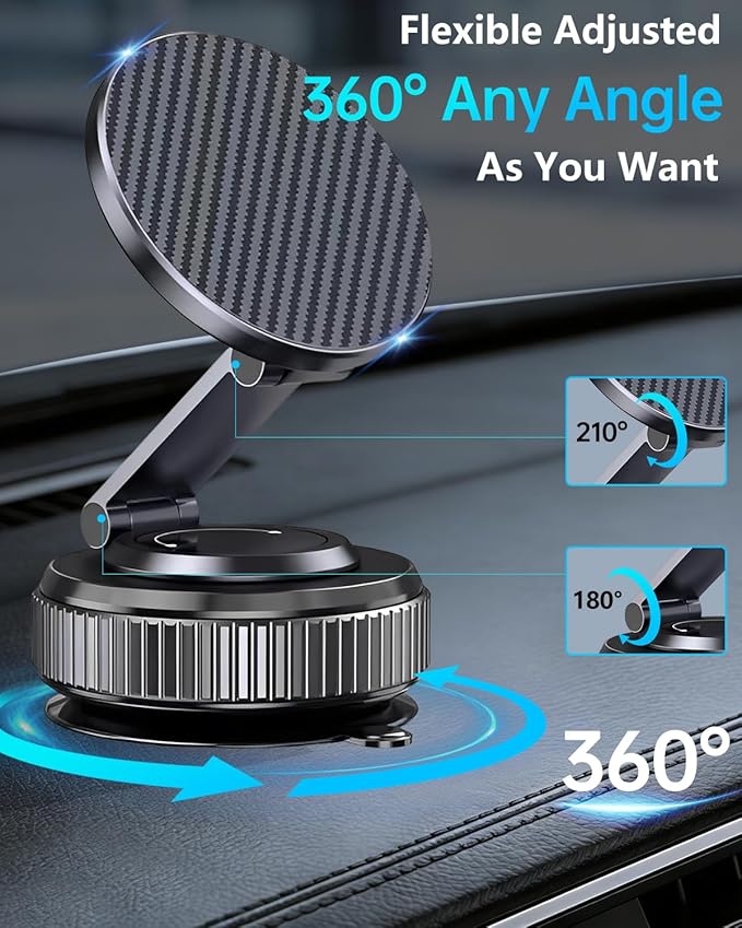 Car Phone Holder for MagSafe - Magnetic Vacuum Mount 360° Adjustable, Compatible with iPhone 17-12 Series & Android Devices, Cell Phone Holder for Your Car Dashboard Windshield with Magnetic Ring