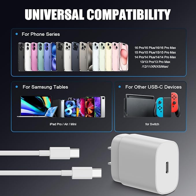 Essri 25W for iPhone 16 15 Charger Fast Charging,4 Pack USB C Wall Charger Block with (6 ft+10 ft) x2 Long USB C to C Cable for iPhone 16/15 Pro Max/Plus,for iPad Pro/Mini,White