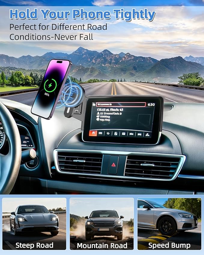 PZK Car Phone Mount for Mazda CX-3 2016-2021 /Mazda 3 2014-2016 /MX-5 Miata 2016-2023 Accessories 7-Inch Screen Magnetic 15W Fast Wireless Charger Phone Cradles Car Phone Holder Not Affect Vent