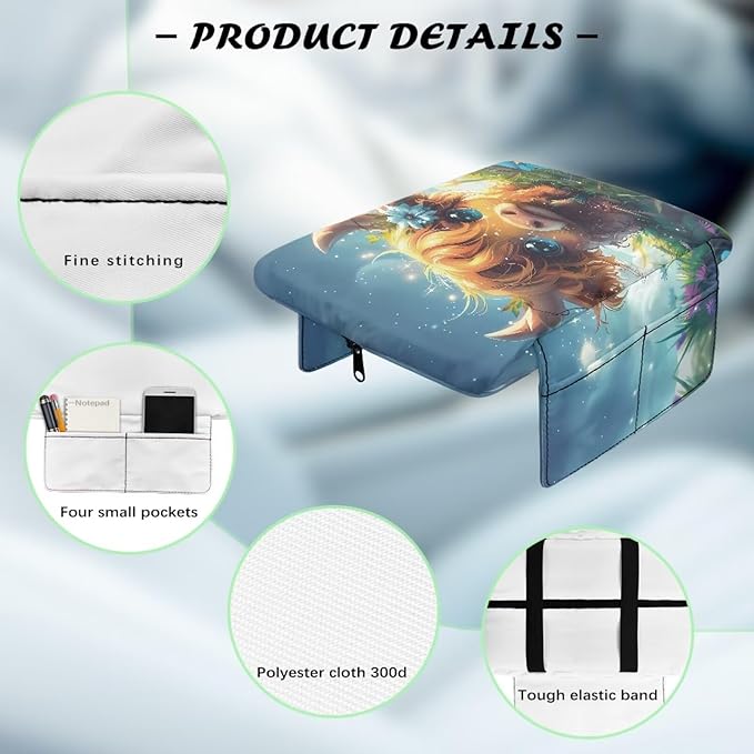 Wanyint Cute Highland Cow Auto Center Console Armrest Cover Arm Rest Seat Box Pad Protector with Side Storage Pocket Middle Console Pad for Car Storage Box Car Interior Accessories