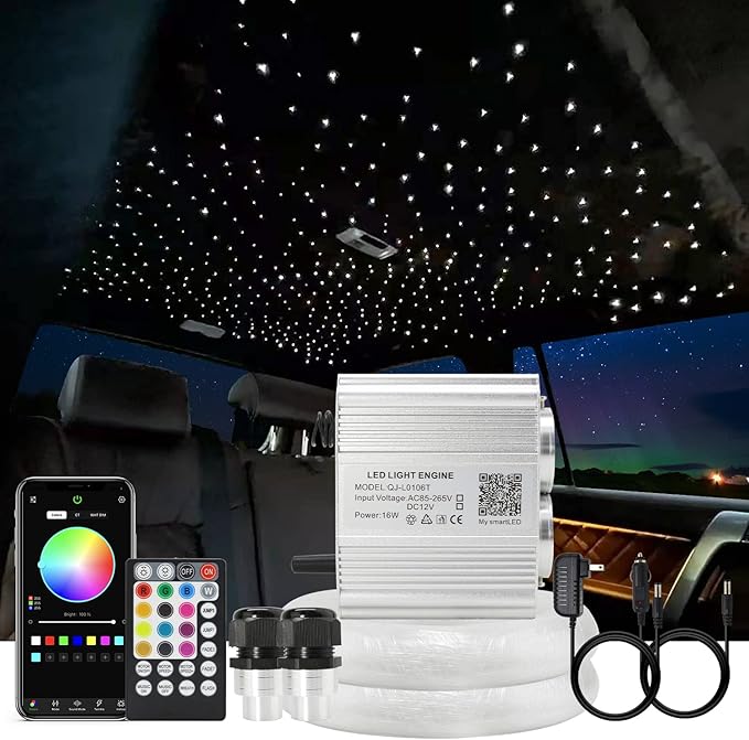 AKEPO Car Home Use APP Control Twinkle Fiber Optic Light Kit, 16W RGBW Dual Head Twinkle + Music Mode Star Ceiling Sky Light with 600 Strands 0.03in/0.75mm 9.8ft/3m Optical Fiber Cable