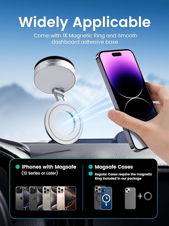 Vacuum Magnetic Phone Holder for MagSafe,Foldable Metal Suction Cup Phone Mount,360° Rotatable Phone Mount for All Smartphones & All Car Models-Silver