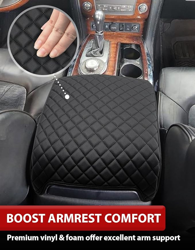 KBH Center Console Armrest Cover for Infiniti QX56, QX80 2011-2017, Interior Accessories, Middle Console Lid Cushion Pad, Arm Rest Cover Protector, Vinyl Leather, Black