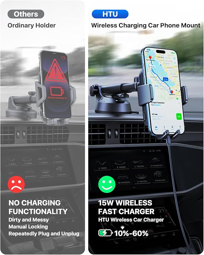 Wireless Car Charger with Phone Holder Mount, 15W Fast Charging Auto Clamping Phone Holders for You Car Windshield Dashboard Air Vent Accessories for iPhone, Samsung Galaxy (Black)
