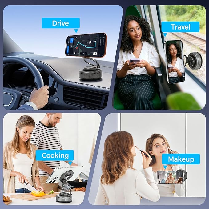 2026 Upgraded 360° Nano Gel Vacuum Magnetic Car Phone Holder,Reinforced Ultra Suction Cup Pocket Size Foldable Phone Mount for Dashboard/Gym/Mirror MagSafe iPhone Air 17 16 15 14 13 12 Pro Max (Black)