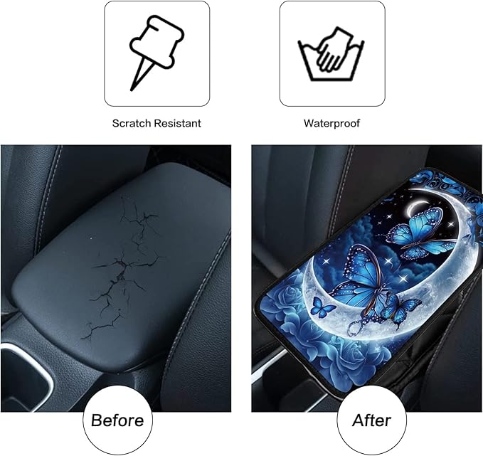 Car Armrest Cover Pads Universal Fashion Cute Auto Center Console Armrest Cover Pad with 2PCS Car Coasters Soft Waterproof Car Armrest Seat Protector for Women Girls, Blue Moon Butterflies
