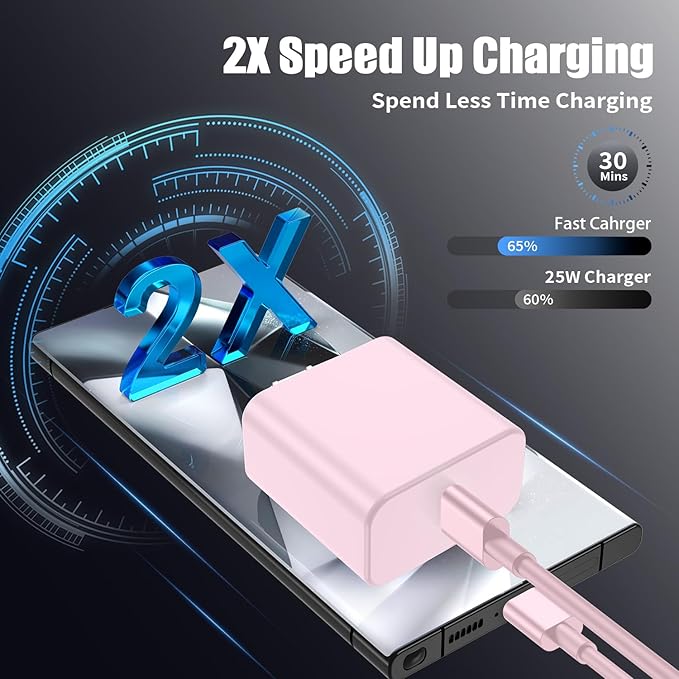 3Pack USB C Charger for Samsung Galaxy S24 Ultra, Super Quite Fast Charging Type C Block with 6FT C to C Cord for Samsung Galaxy Tab S9 S8 S23 Ultra S22 Ultra S23 S22 S21 Note 10 Plus 20,Pink