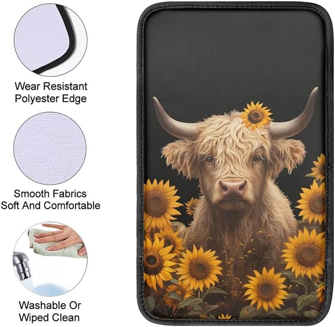 Highland Cow Print Car Center Console Pad Sunflower Print Armrest Seat Box Cover Protector for Auto Interior Decor Dust-Proof Universal Neoprene Armrest Pad