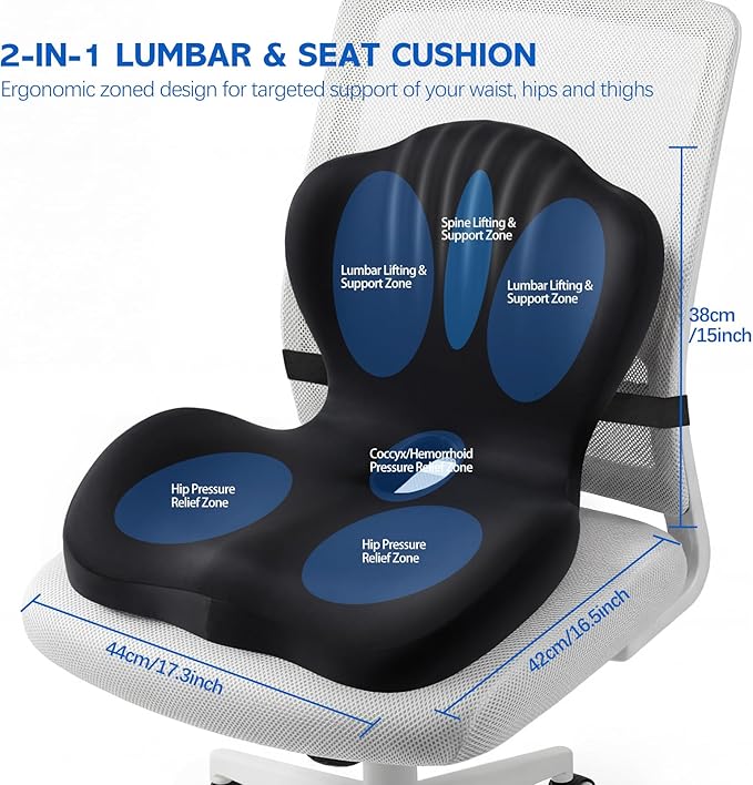 Office Chair Cushion for Tailbone & Back Pain Relief, Strong Lumbar Support Ergonomic Cushions, Comfortable Memory Foam Cushion for Pain Relief, Suitable for Office Chairs, Home Chairs, Car