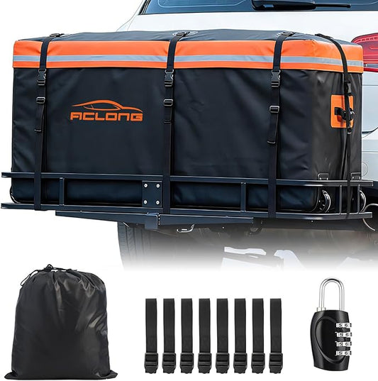 Hitch Mount Cargo Carrier Bag, Waterproof Soft Shell 20 Cubic Feet, Universal for Truck Pickup with Hitch Basket, 8 Reinforced Straps, Solid Buckles,Reflective Strip,Carry Handles,Combination Lock
