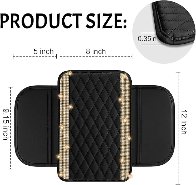 NBTEPEM Bling Car Center Console Cover, Leather Car Arm Rest Cover Cushion with 2 Storage Bags, Universal Auto Armrest Protector, Bling Accessories Interior for Most Vehicles(Gold Champagne Diamond)