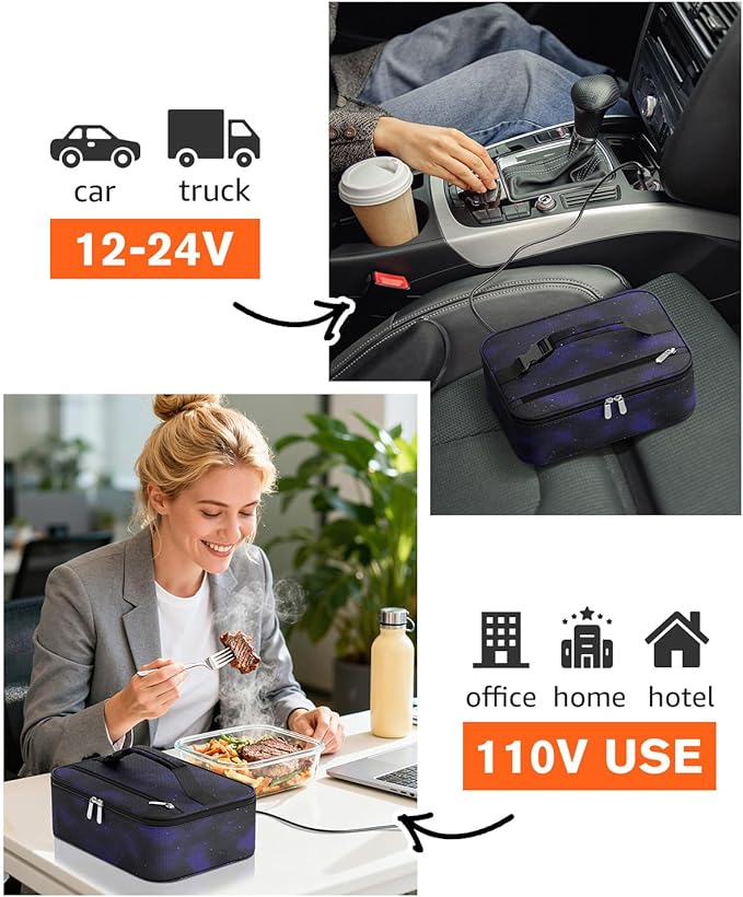 Portable Food Warmer - Heated Lunch Box for Adluts - Electric Thermal Lunch Bag with Buckle Handle, Heating Food Warmer Bags for 12V/24V Car & Truck, 110V/220V Home/Office, Astral