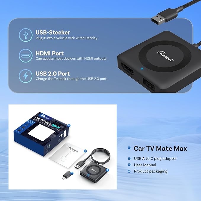 Ottocast Car TV Mate Max - 2025 Fire TV Stick Converter with Wireless CarPlay Android Auto, HD HDMI Car Adapter Cast Video/Game to Car, Works for Wired CarPlay Cars and Most Streaming Devices