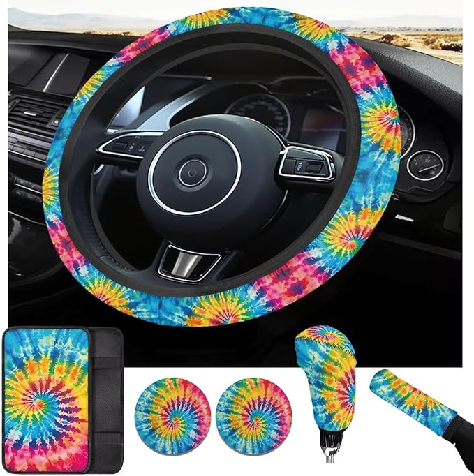 Blue Tie Dye 6pcs Car Interior Accessories Protector Set Car Steering Wheel Cover for Women Cup Coaster Handbrake Gear Cover Suit for Most Cars Truck Vans SUV