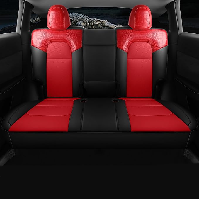Red Rain for 2020-2024 Tesla Model Y Seat Cover Crocodile Leather Red and Black Auto Seat Cover Interior Accessories (ModelY-Red+Black-2020/2024)