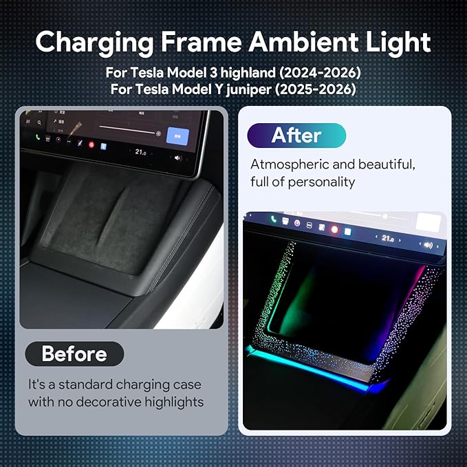Ambient Lighting Wireless Charging Frame for 2025-2026 Tesla Model Y (Includes Juniper) 2024-2026 Tesla Model 3 PC Stylish Decorative Accessories (Little Starry Sky, Matte Black)