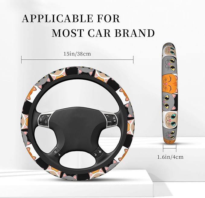 Cartoon Lovely Cats Steering Wheel Covers Universal 15 Inch Car Wheel Cover,Anti-Slip Breathable Car Accessories Protector Fit for Trucks,Sedans,SUVs,Vans