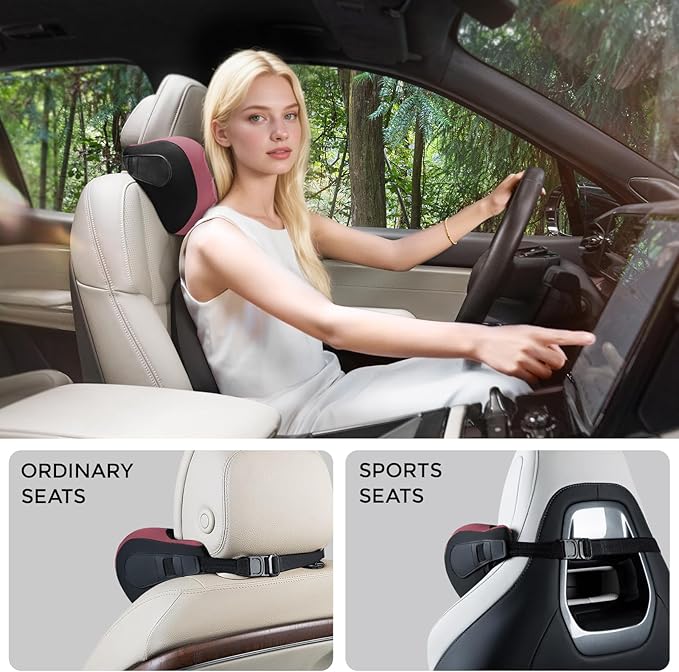 BEBAS Car Headrest Pillow, Memory Foam Neck Support Pillow for Cars - Ergonomically Designed for Long Drives, Travel & Commuting, Pain Relief with Removable & Washable Cover (Red)
