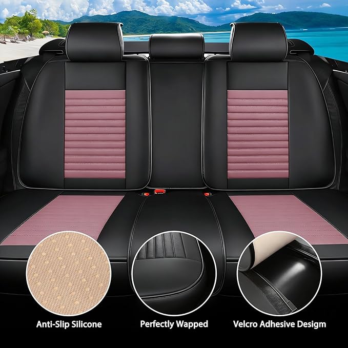 Car Seat Covers Full Set Fit for Toyota Prius 2001-2025,2026, Premium Faux Leather Car Seat Protector,Breathable Anti-Slip Full Wrapping Edge Seat Covers(Black&Pink,Full Set)