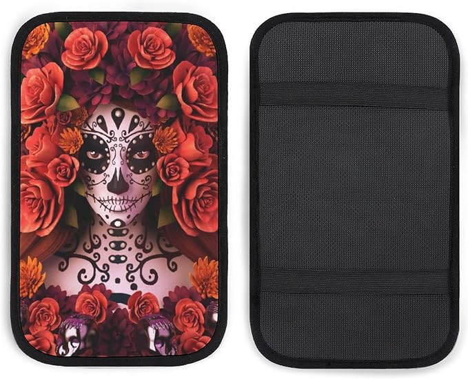 Auto Center Console for Sugar Skulls and Roses Day of Dead Halloween Car Armrest Cover Center Console Armrest Cushion for Car SUV Universal Fit