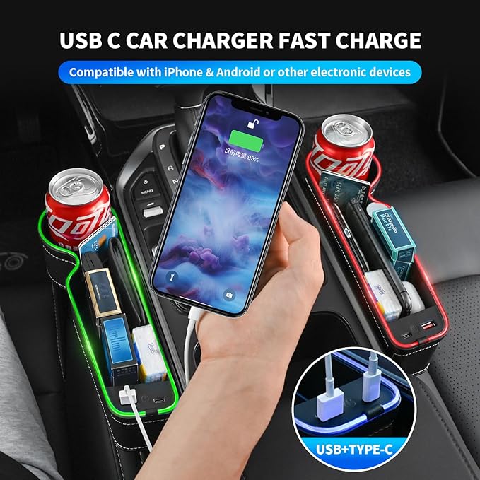 7 Color Led Car Seat Gap Organizer Car Seat Pocket Gap Filler with USB+C Charger,2 Pack Car Seat Gap Storage Console Side Gap Filler with Cigarette Lighter 2026 Fast Charger Seat Gap Filler (Black)