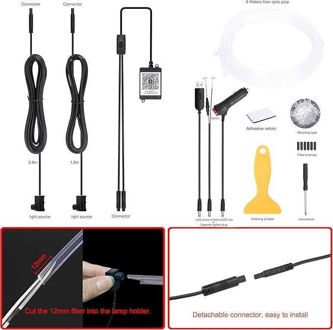 3 m Optic Fiber Car Ambient Lighting Kit Bluetooth App Control 64 Colors Multicoloured Music Interior Lighting Kit 12V 1W