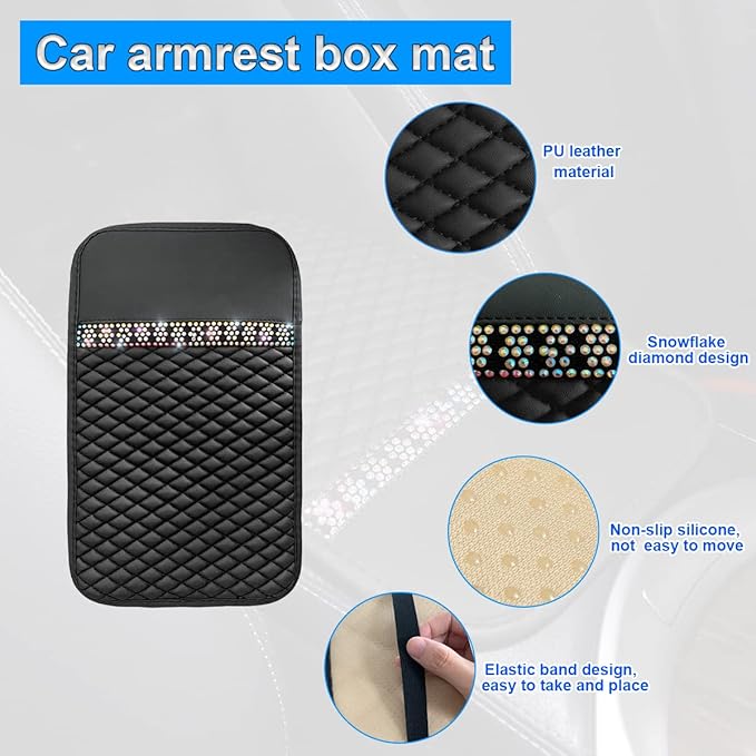 Bling Leather Car Center Console Cover, Car Center Console Protector With Glossy Crystal Rhinestone, Universal Waterproof Car Armrest Seat Box Cover For Most Car, Vehicles, SUVs, Trucks (Black)