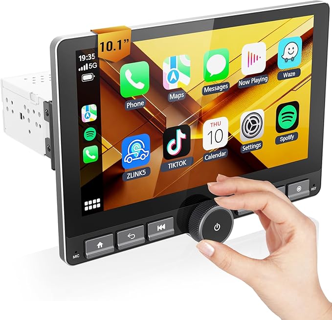 Haudio 10.1" Single Din Android Car Stereo with 360° Rotatable Touch Screen - Android 13, Wireless CarPlay & Android Auto, 2G+64G, Built-in GPS/Wi-Fi/Bluetooth, Includes Backup Camera.