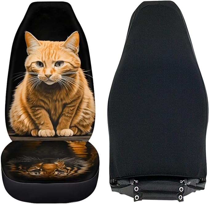 BIGCARJOB 2 Pcs Animal Car Seat Cover Set for Front Only,Funny Cat and Tiger Print Vehicle Bucket Seat Cushion Pads Auto Seat Protector for Men Women,Fit Most Cars,Sedan,Truck,SUV