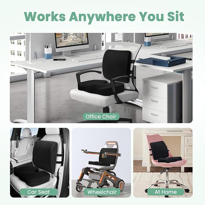 Seat Cushion and Lumbar Support Pillow for Office Chair, Wheelchair, Memory Foam Coccyx Cushion for Sciatica Tailbone Pain Relief, Back Support for Car Chairs, Desk Chair
