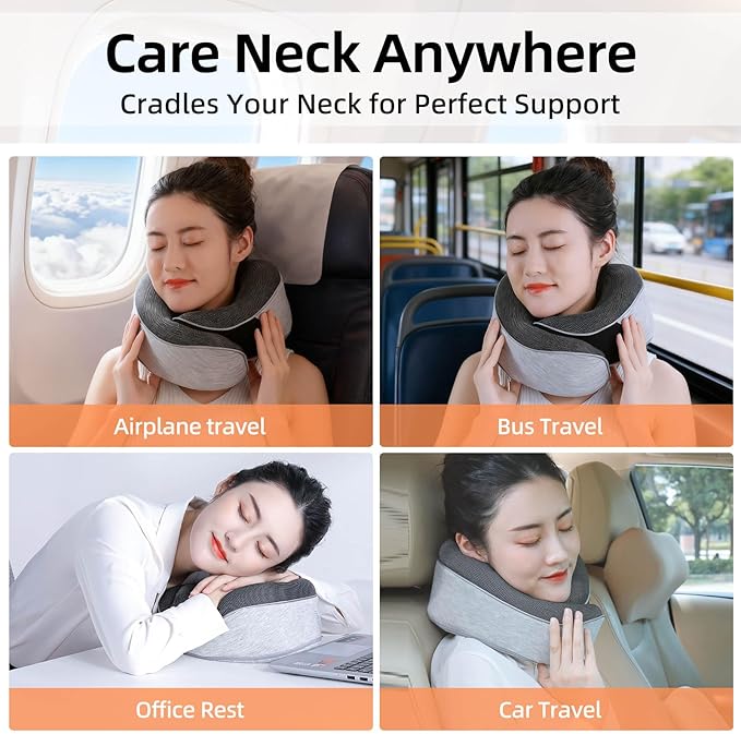 Travel Neck Pillows for Airplanes- 360° Support Memory Foam Travel Pillow with Portable Carry Bag Including Eye Mask & Earplugs, Gift for Long Flights, Car Rides & Office Naps (Grey)