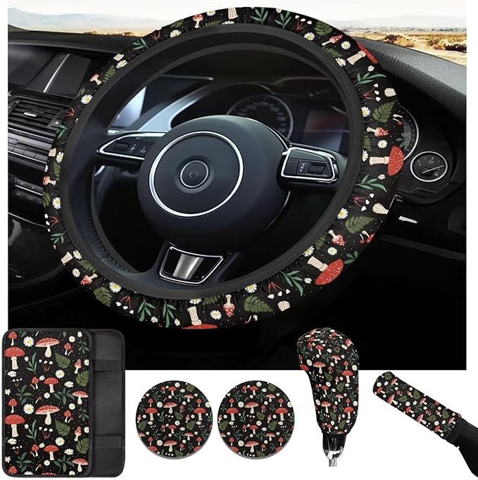 Small Mushroom Car Accessories for Women 6 Pcs Steering Wheel Cover Protector Set Cup Coaster Car Armrest Cover Fits Most Cars Trucks Vans and SUV