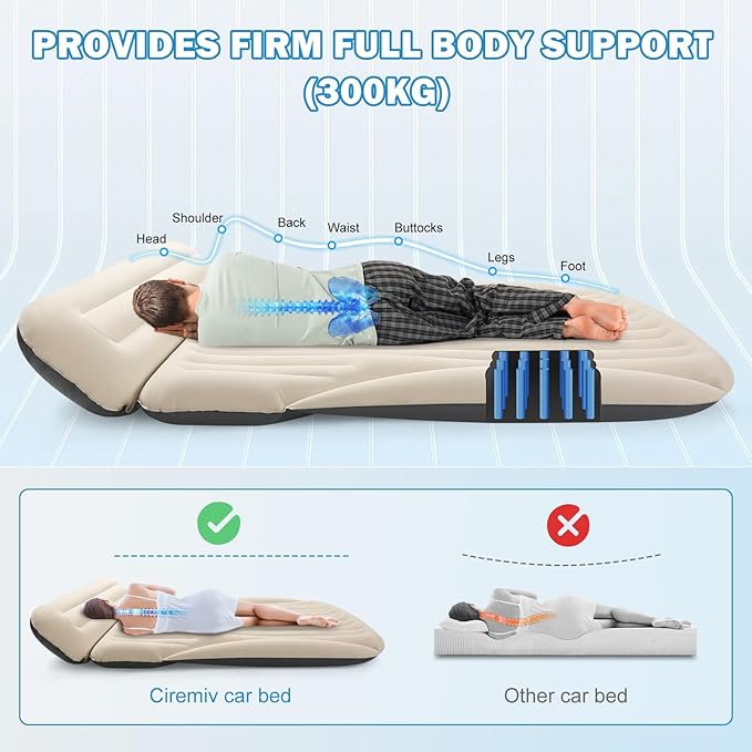 Car Bed with The Most Complete Sleeping Accessories,Leakproof Durable Car Mattress, with Pillow & Pump|for SUV Minivan Mpv Road Trip Inflatable Bed,Single-Sided Flocking Off-White + Gray