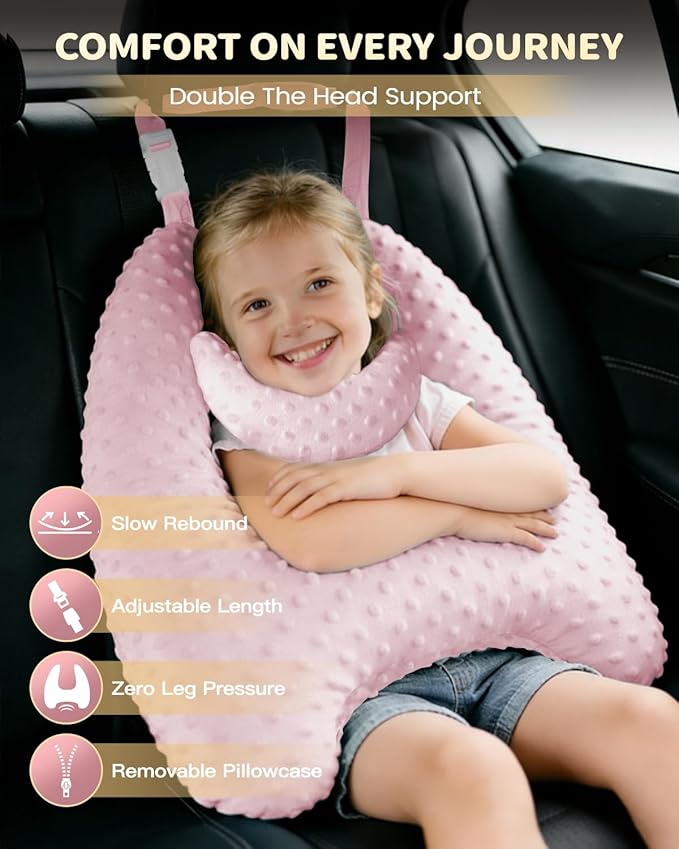 Memory Foam Kids Travel Pillow, Car Pillow for Kids, H-Shape Car Pillows for Sleeping, Removable Pillowcase, Adjustable, Velvet Dots, Pink