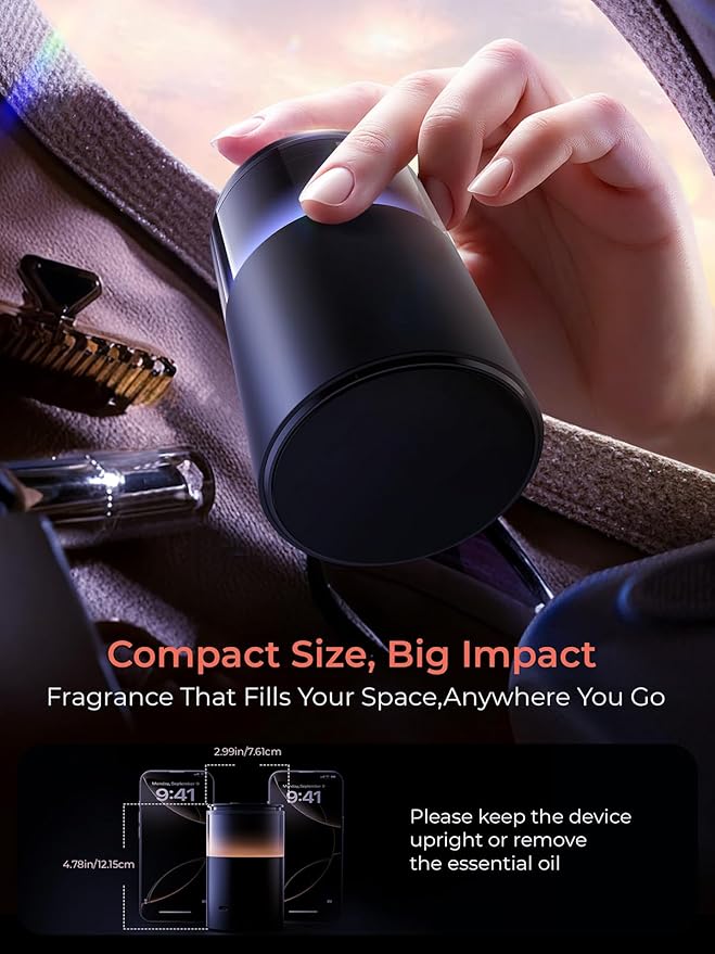 Battery Operated Waterless Diffuser – Portable Scent Machine for Car, Office & Bedroom, Ultrasonic Aroma Mist with 9 Color LED Light, Mini Essential Oil Diffuser Purple Black