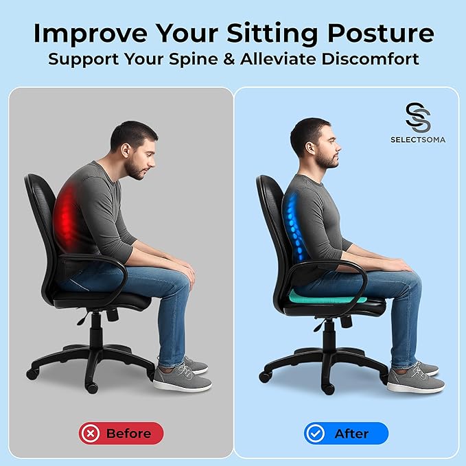 SelectSoma NEW Mint Green Gel Seat Cushion for Long Sitting, Patent-Pending Mold Design, Double-Thick Pressure Relief for Tailbone, Sciatica, Coccyx & Back Pain - Office Chair, Car, Wheelchair, Truck