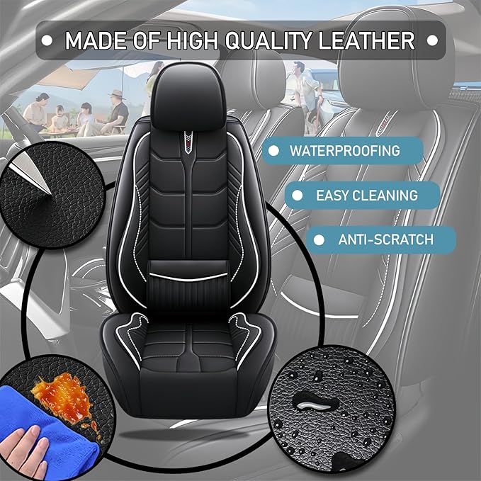 Leather Car Seat Covers Fit for Toyota Tacoma 2005-2024, 5 Seater Car Seat Cover, Premium Waterproof, Scratch Resistant Car Interior Accessories (Full Set Black White)