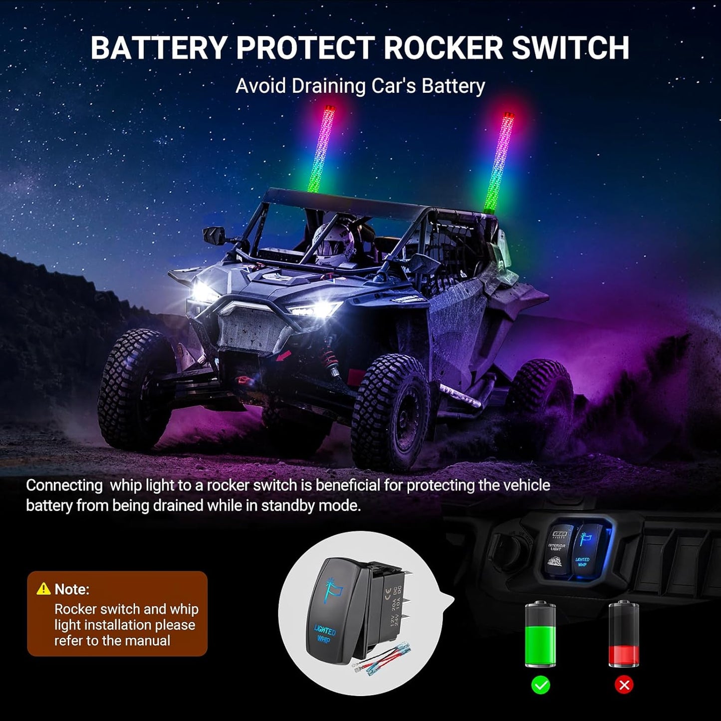 2PCS 4FT Fat Whip Lights for UTV ATV with Spring Base, Led Fatty Whip Light W/Rocker Switch & 6 Flags, Brighter Spiral Chasing Lighted Antenna Whip with APP & Remote Control for RZR SXS Can-Am