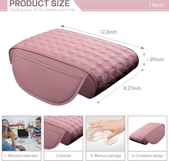 Car Armrest Cushion, 12.2"×8.3" Leather Auto Memory Foam Center Console Pad with Storage Pocket, Waterproof & Anti-Scratch Elbow Pillow Armrest Seat Box Protector, Universal Fit (Pink)